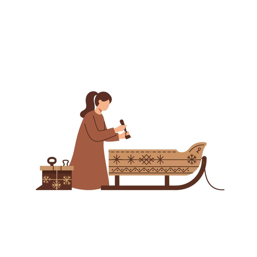 Crafting a Sleigh with Traditional Tools in Minimalist Style Art vector