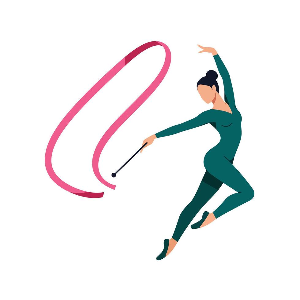 Rhythmic gymnast performing elegant moves with ribbon in minimal design illustration vector