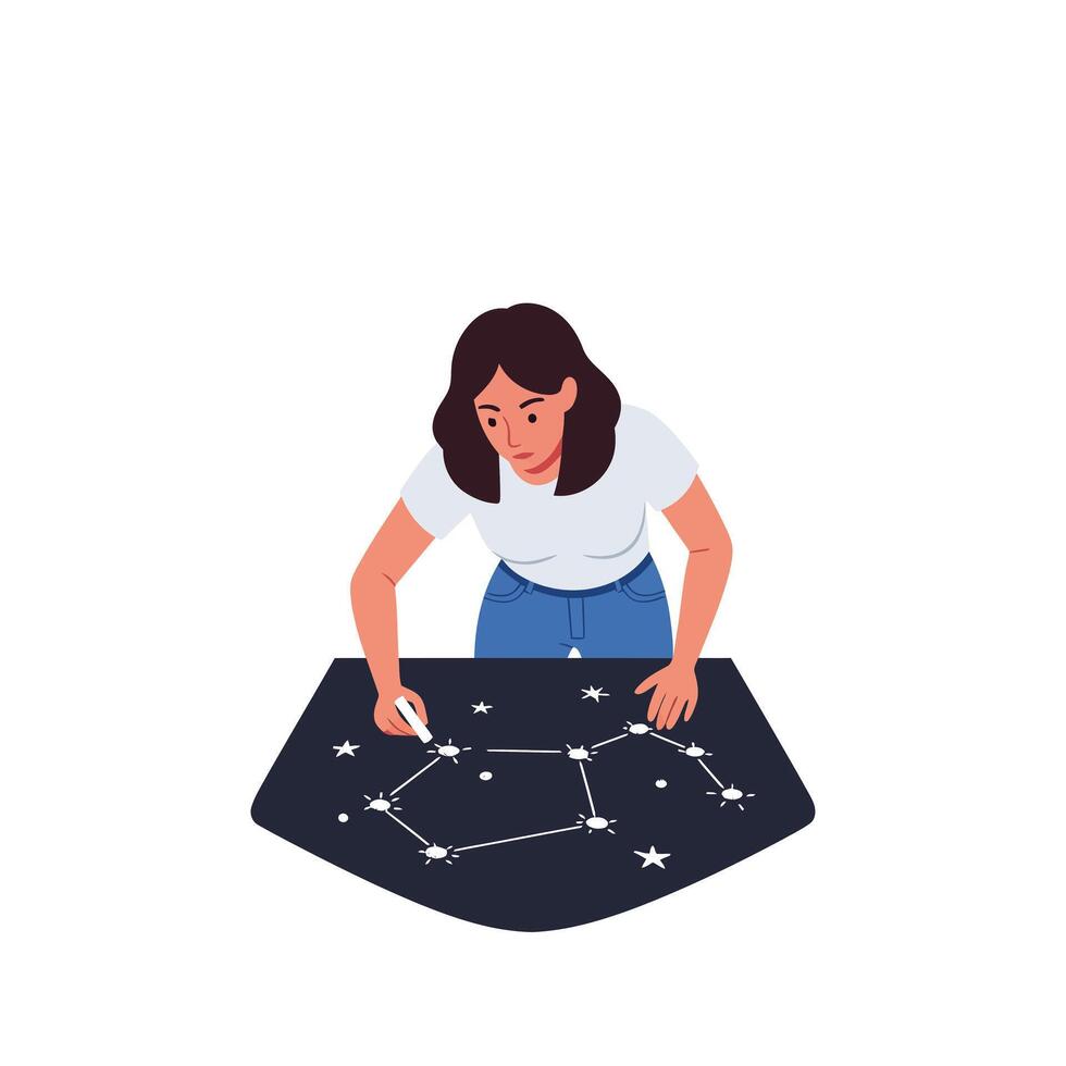 Woman tracing constellations on a starry surface in flat art vector