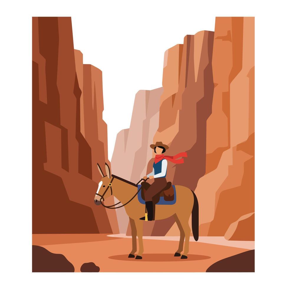 Cowboy riding a horse in a canyon with flat art style illustration vector