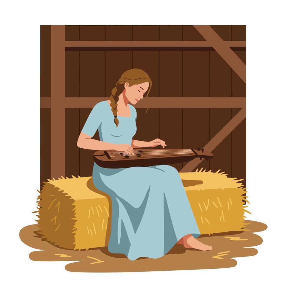 Woman playing a musical instrument in a barn using flat art style vector