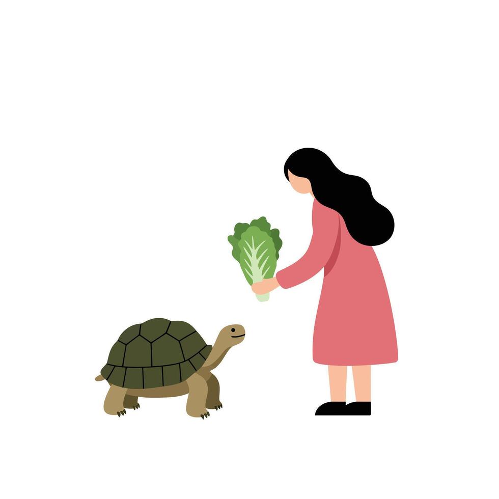 Girl feeding a turtle with lettuce in flat illustration vector