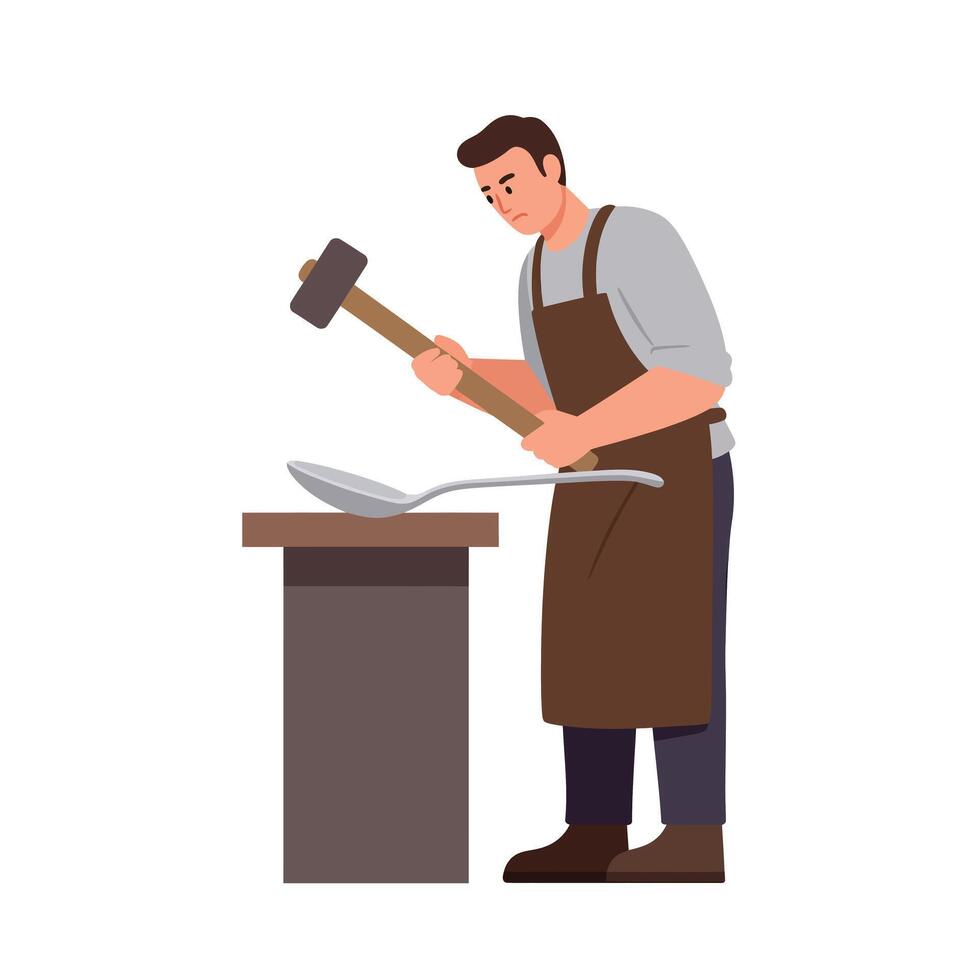 Blacksmith shaping a spoon with a hammer in flat art style vector