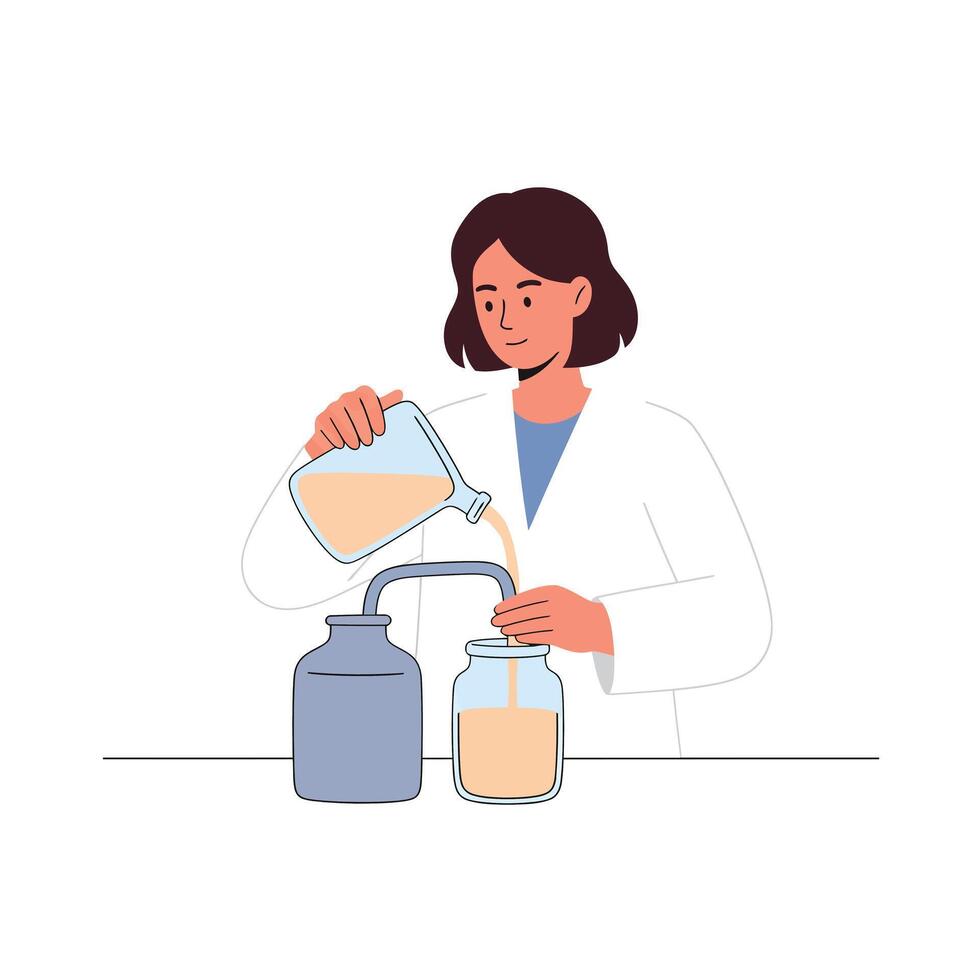 Scientist pouring liquid from one container to another in minimal illustration vector