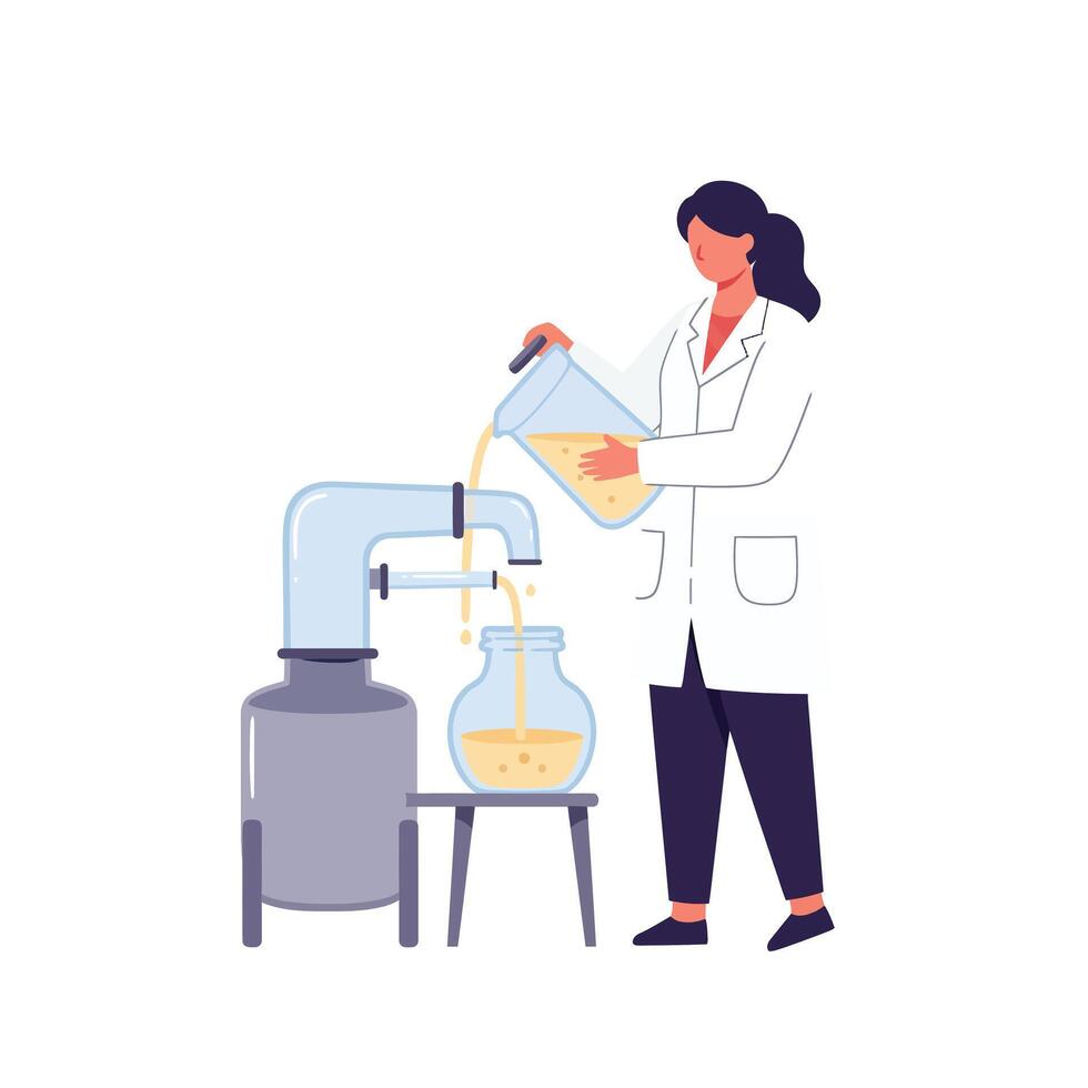 Scientist pouring liquid into container in detailed flat art vector