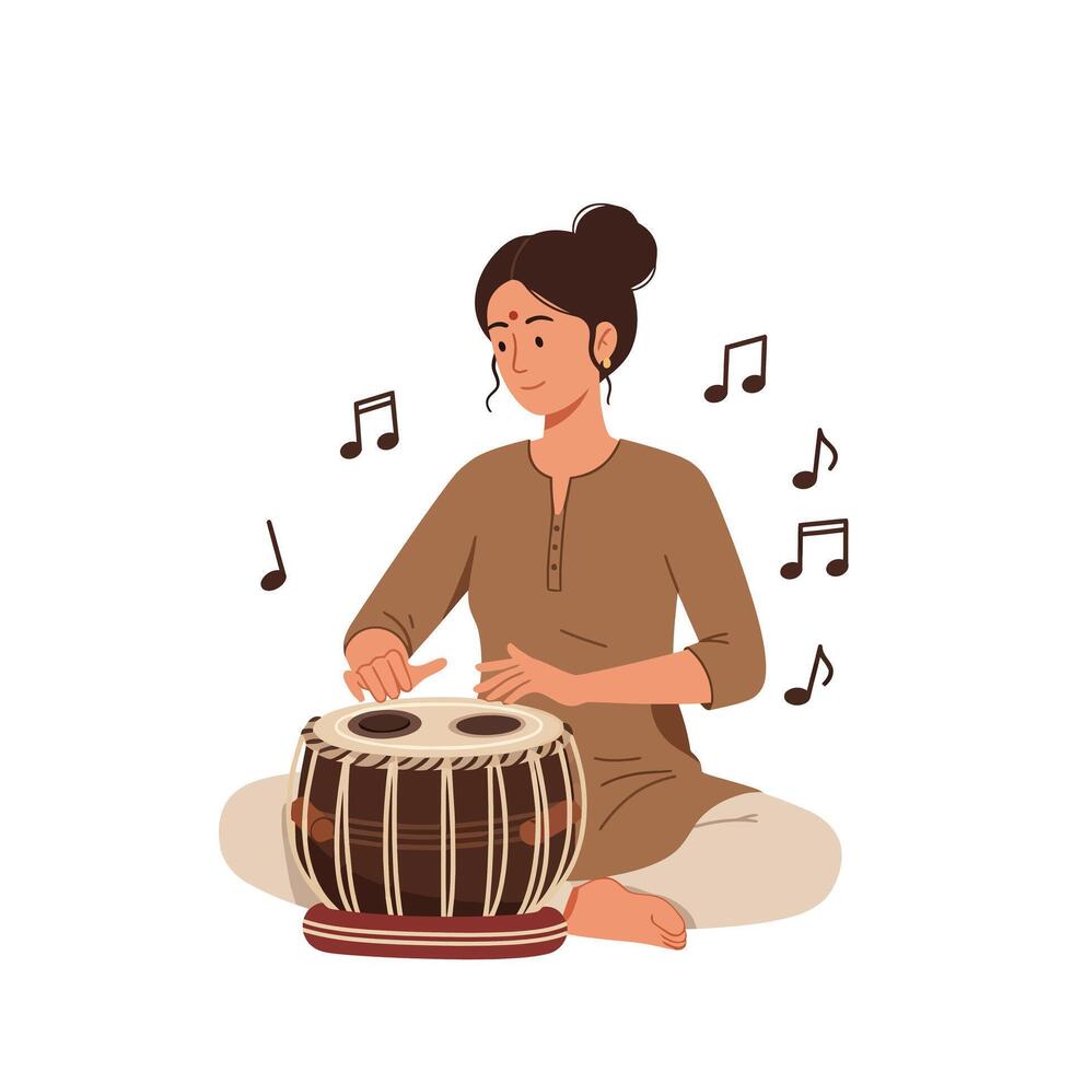 Woman playing traditional drum in flat style art vector