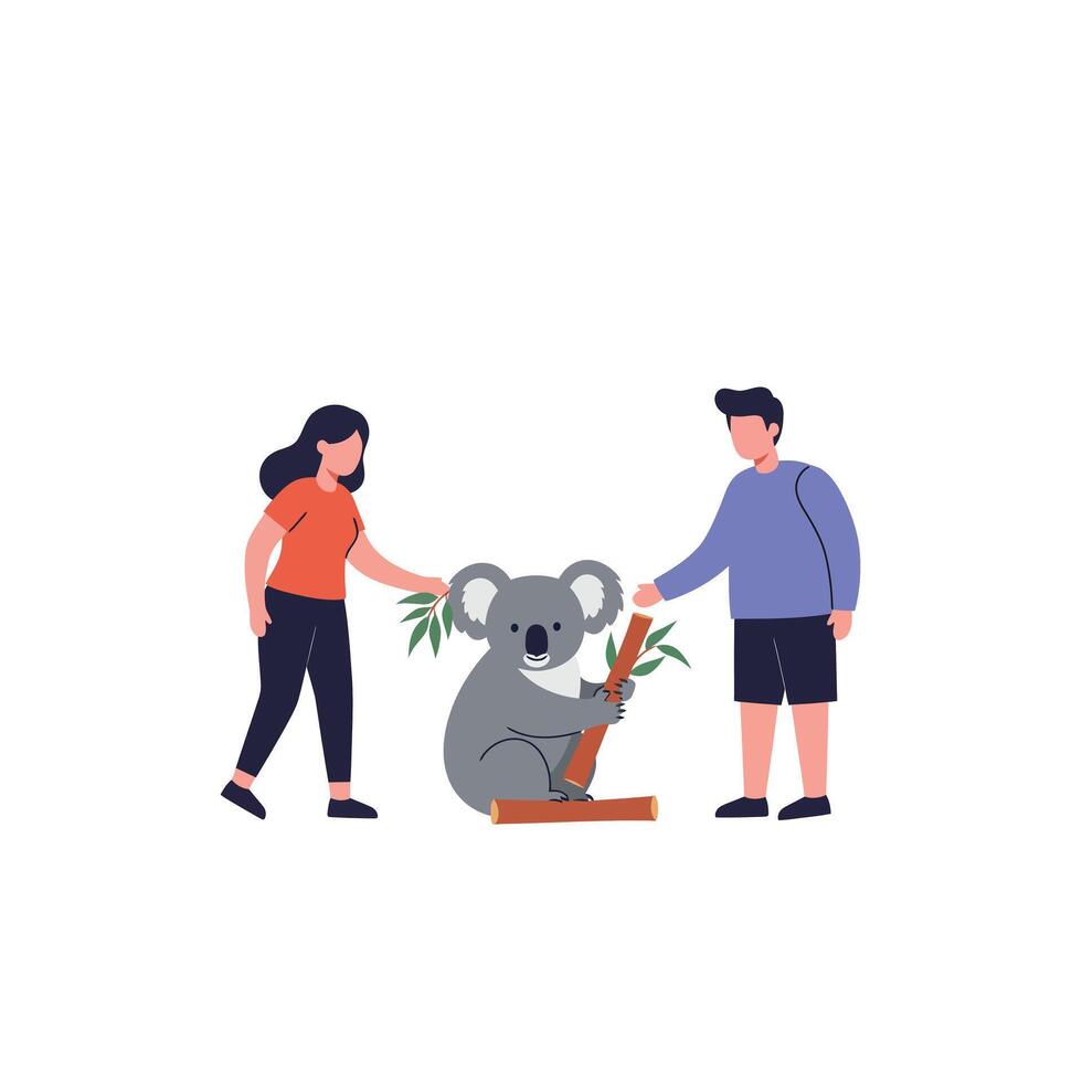 Two people interacting with a koala in a flat illustration vector
