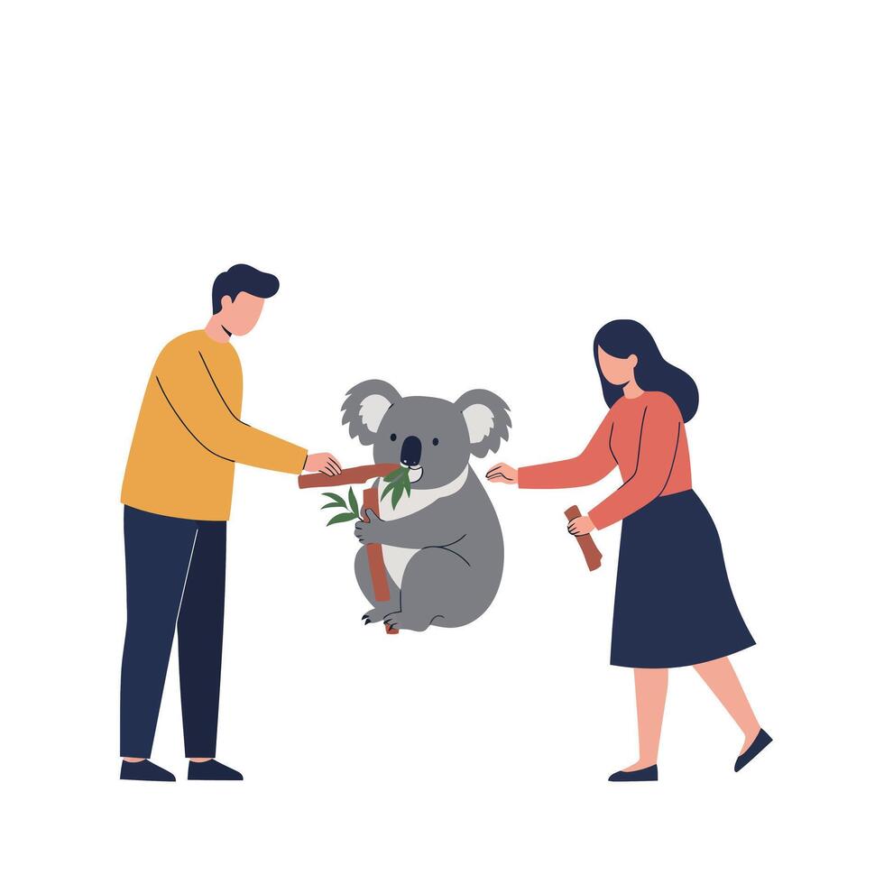 Two people interacting with a koala in flat art style vector