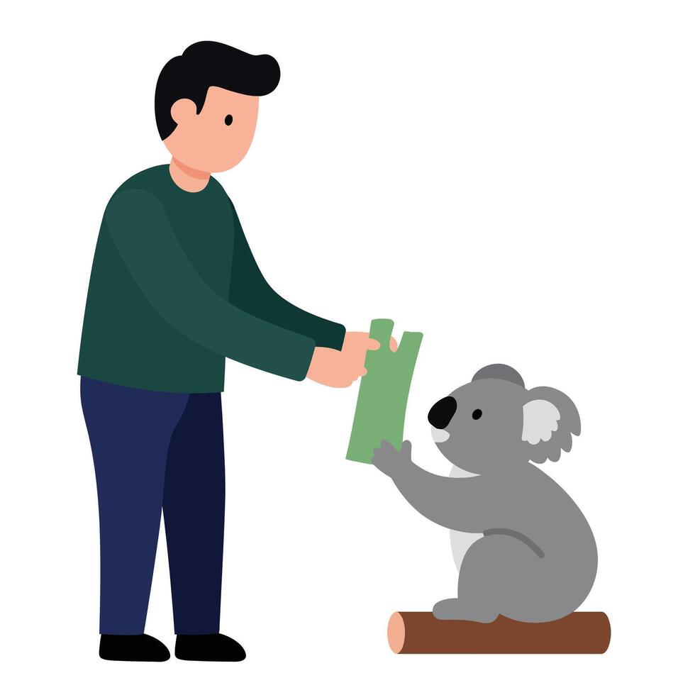 Person interacting with a koala in a flat and minimal illustration vector