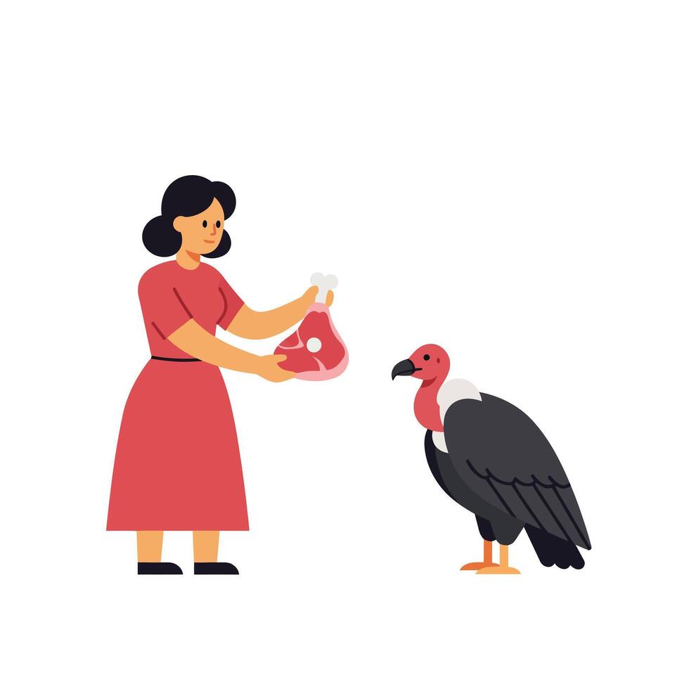 Woman presenting meat to a vulture in flat art style illustration vector
