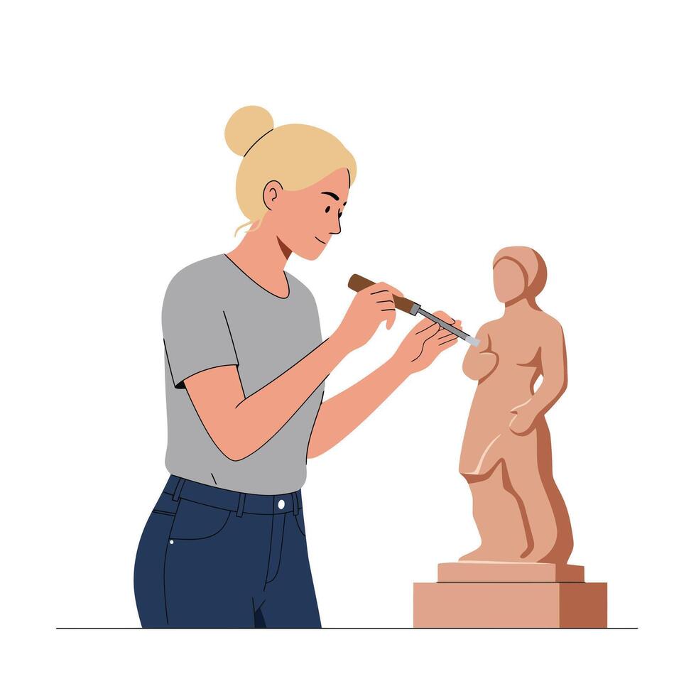 Artist chiseling a statue in a flat minimal style art vector