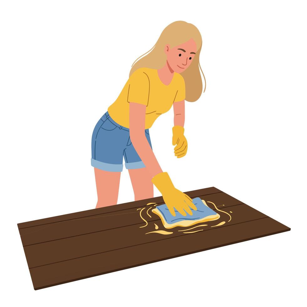 Woman cleaning wooden surface with cloth in flat illustration vector
