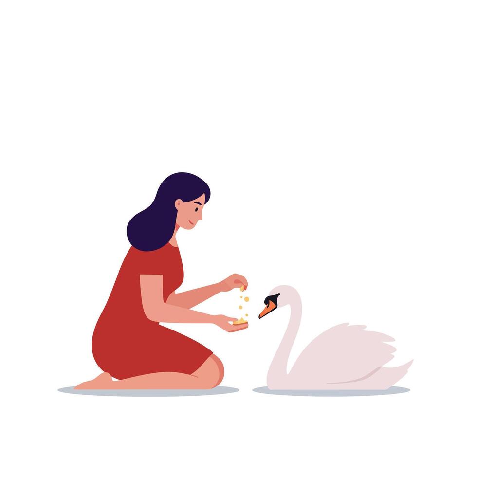 Woman feeding swan in a serene setting with flat design art vector