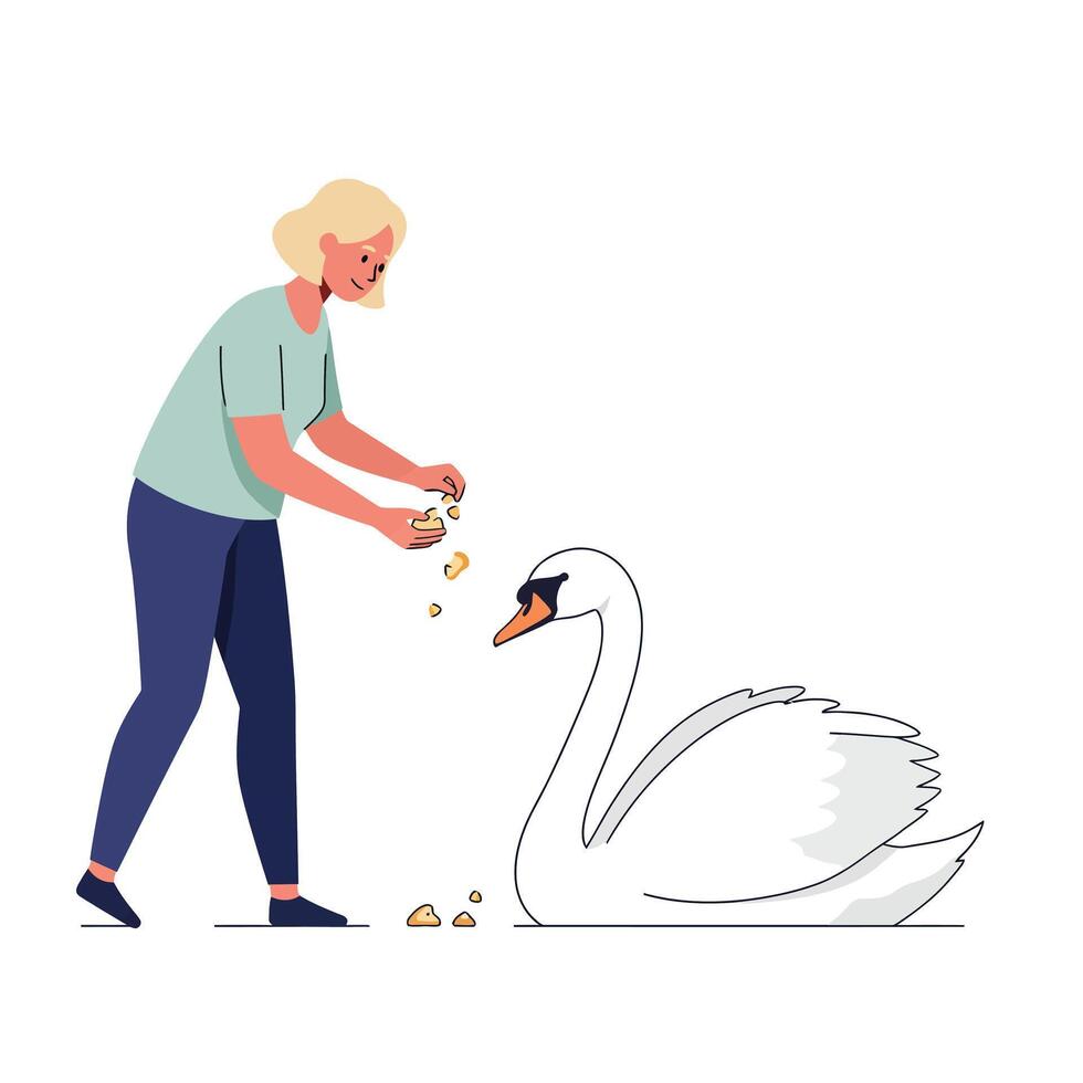 Woman feeding swan in flat and minimal style art vector