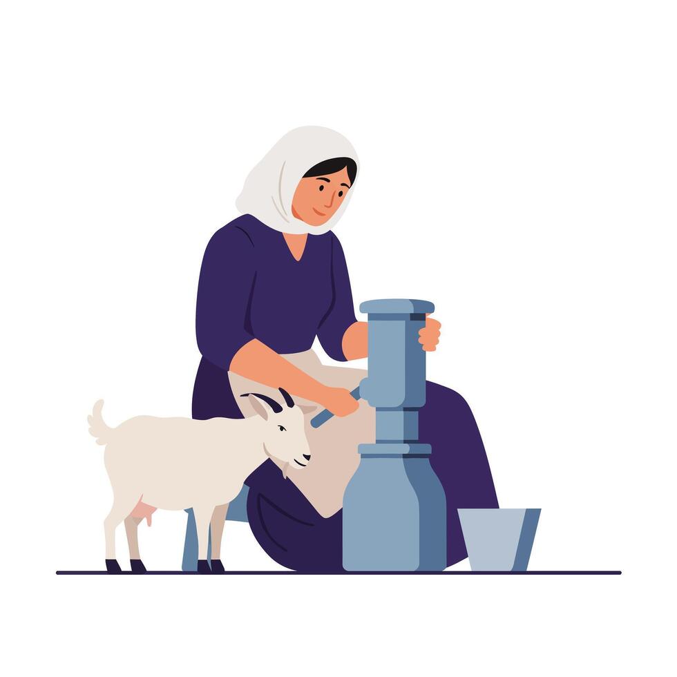 Woman milking goat in traditional attire with minimal style art vector