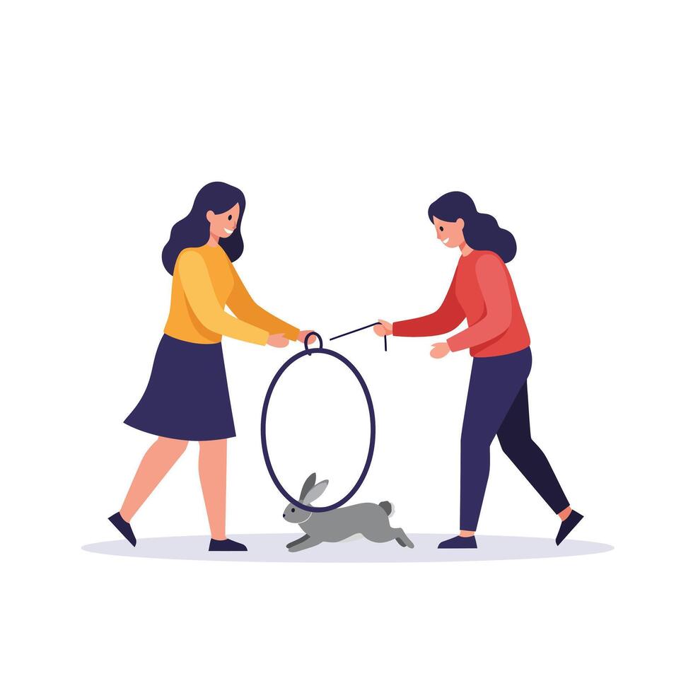 Two women performing a trick with a rabbit in a flat illustration vector