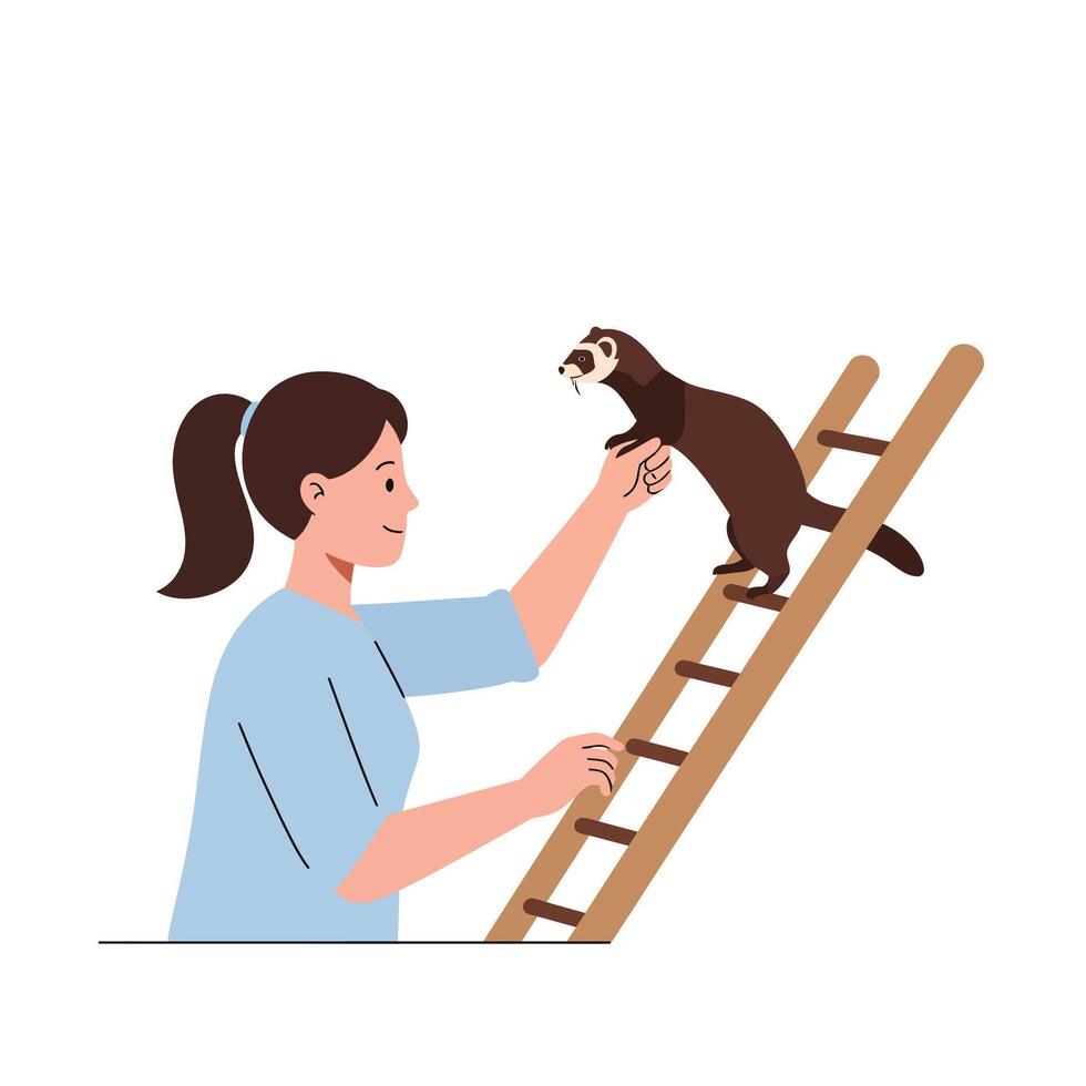 Woman interacting with ferret on ladder in minimal flat illustration vector