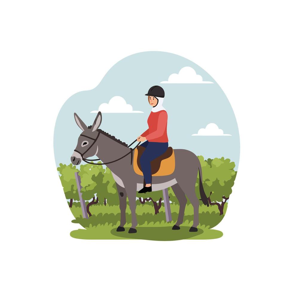 Person riding a donkey in a flat, colorful landscape illustration vector