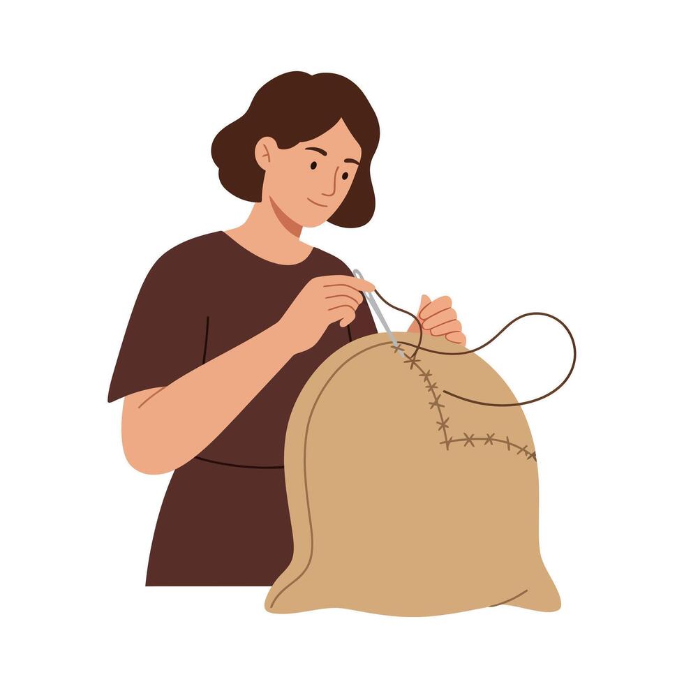 Woman sewing a bag with needle and thread in flat illustration vector