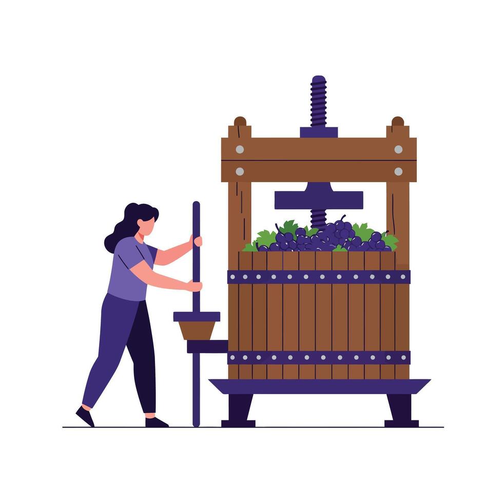 Woman operating a traditional grape press in flat art style vector
