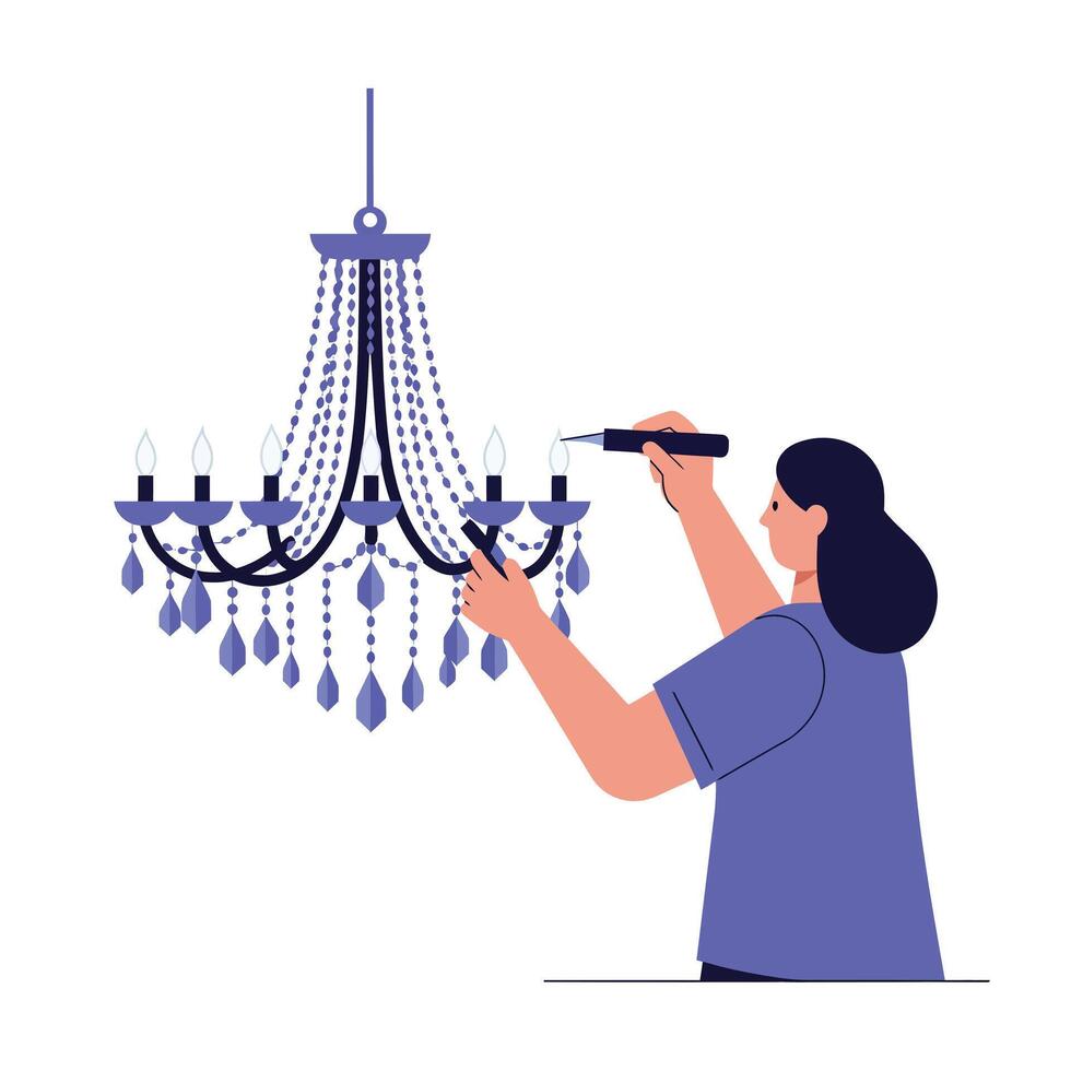Person cleaning a chandelier in flat art style with bright colors and detailed design art vector
