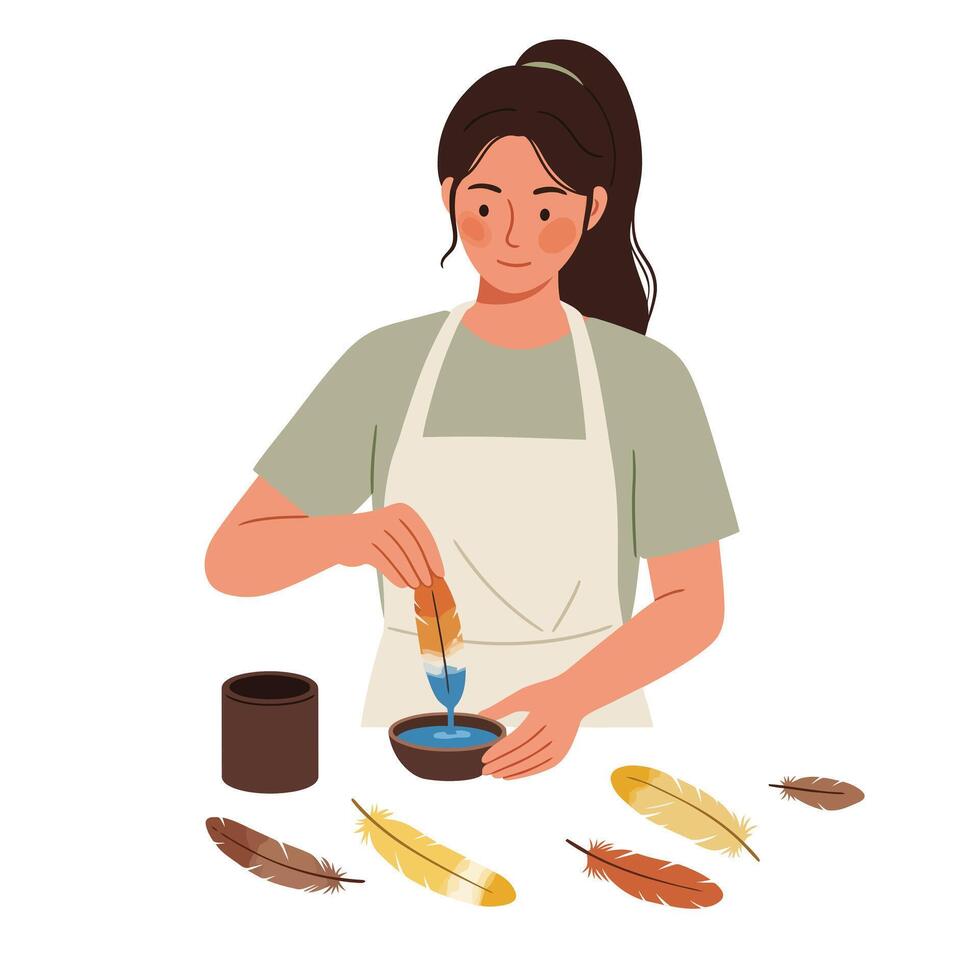 Woman mixing paint with feathers in a minimal style illustration vector