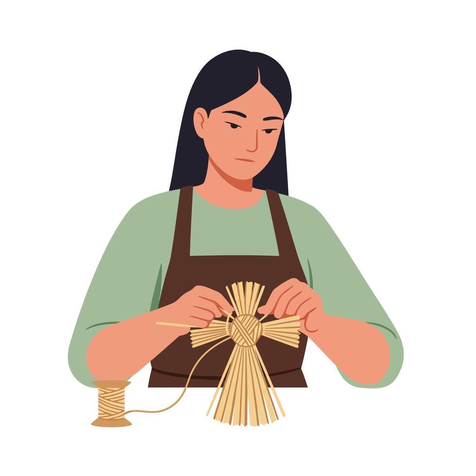 Woman creating intricate straw craft in flat illustration style vector