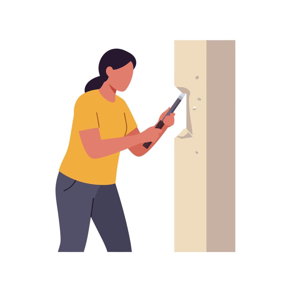Craftsperson chiseling wood with precision in flat design art vector
