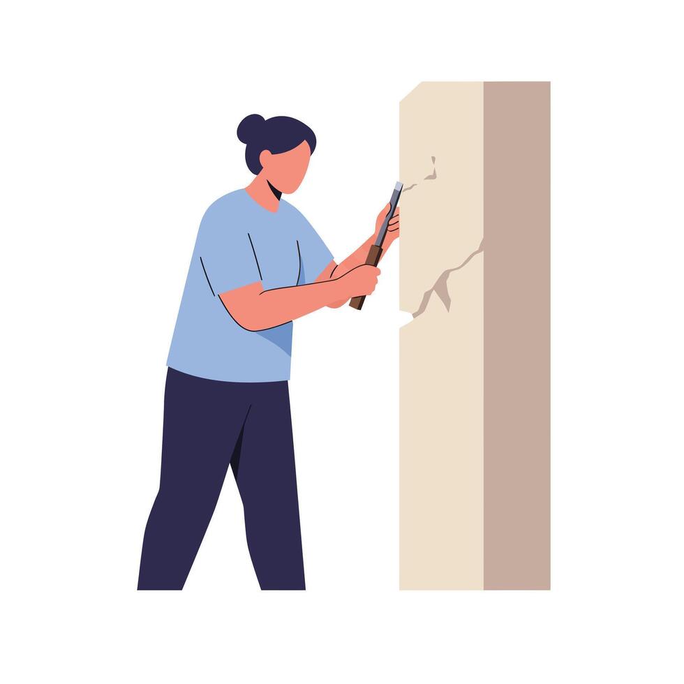 Person using a chisel to carve a design in minimal flat art vector