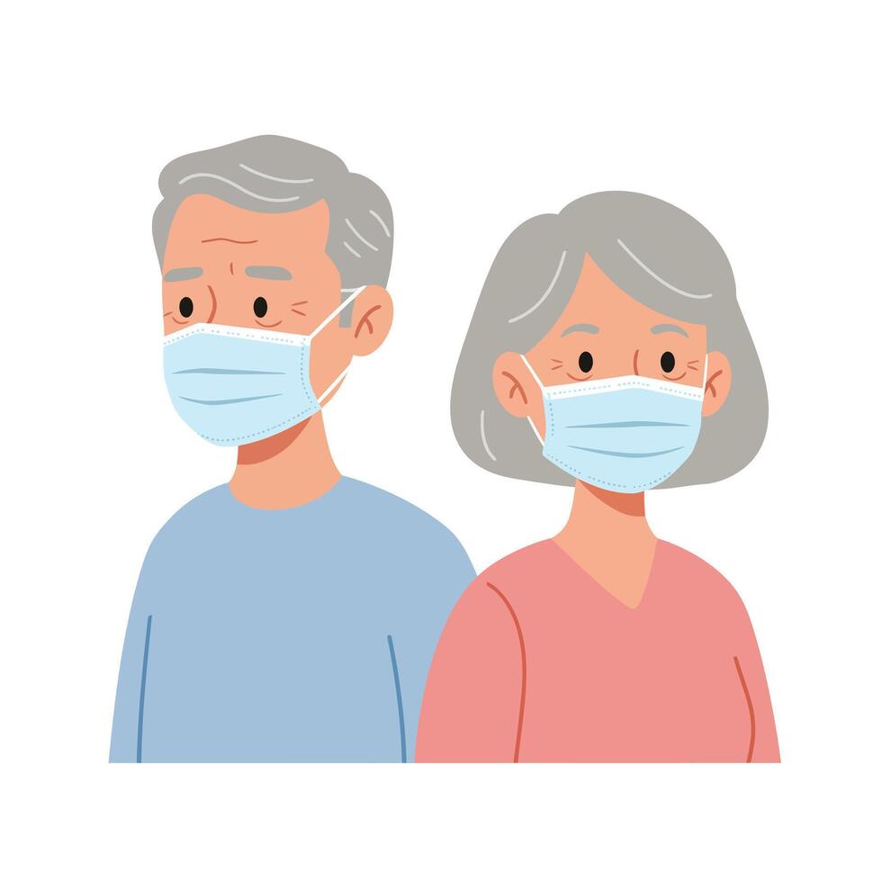 Elderly couple wearing masks in flat design style art vector