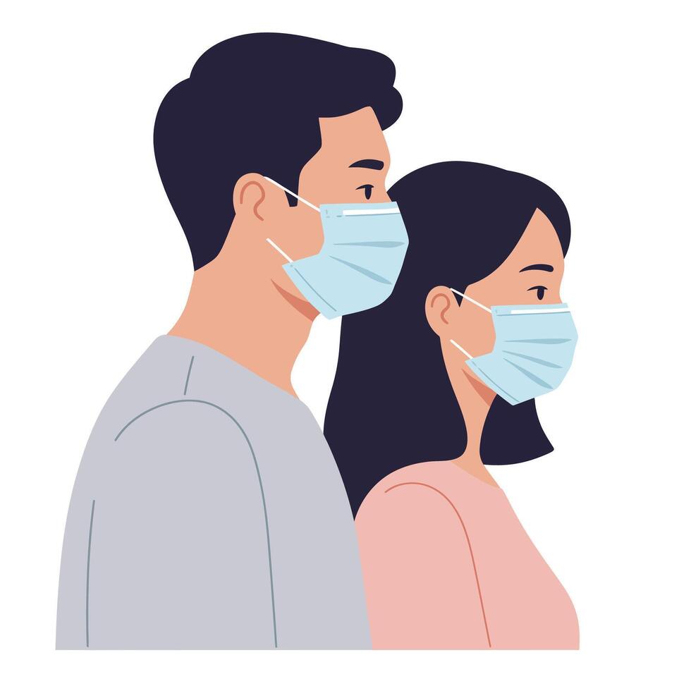Couple wearing protective masks in a flat design illustration vector