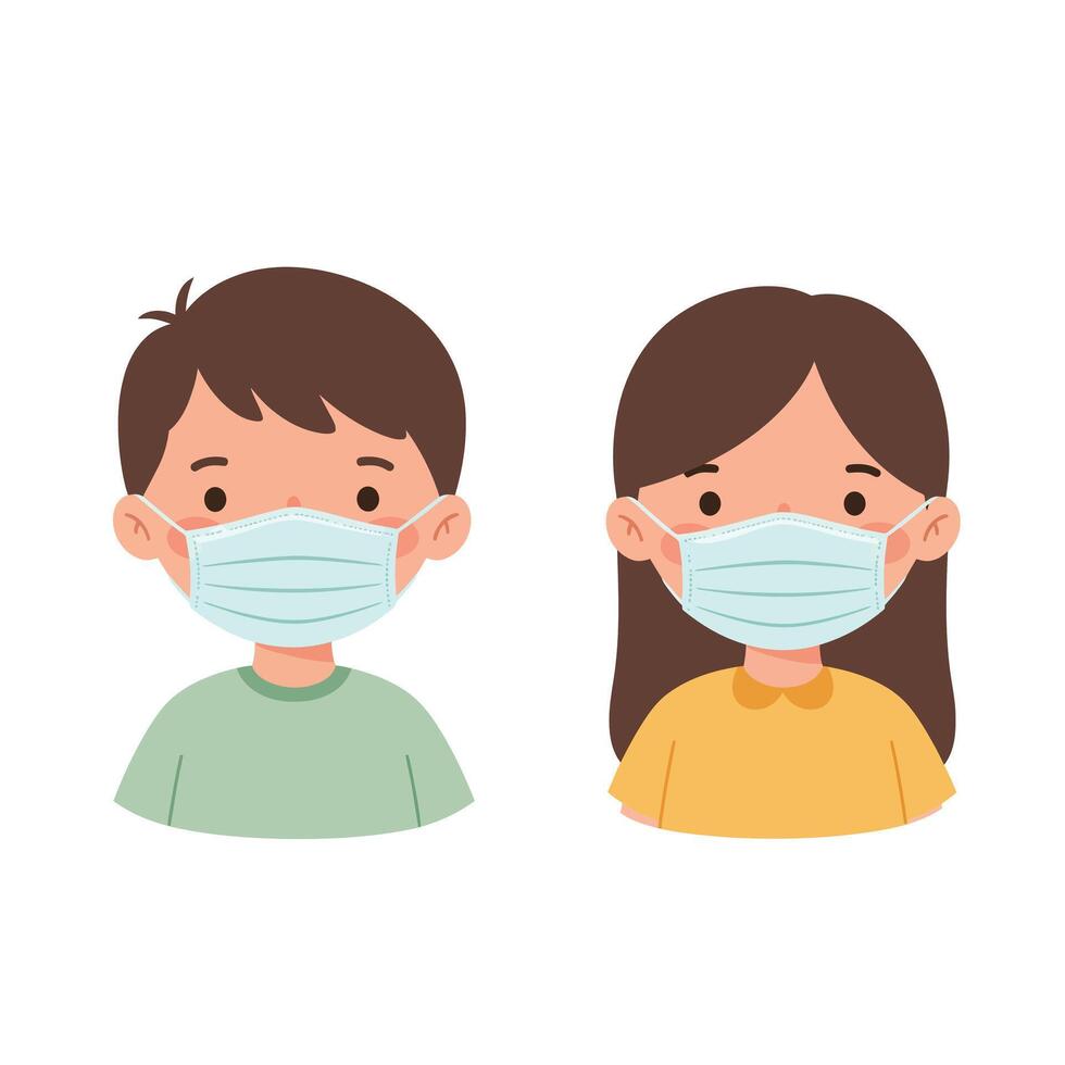Children wearing face masks in minimal flat style illustration vector