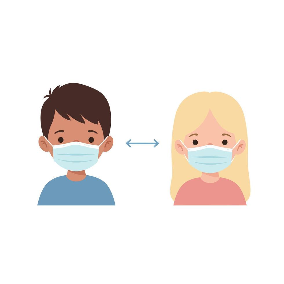 Children wearing face masks in a flat style illustration showing social distancing concept vector
