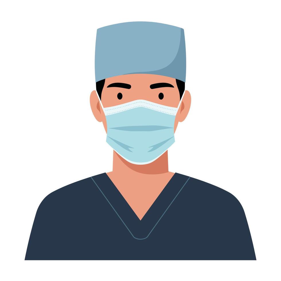Medical professional wearing mask and scrub in flat illustration vector