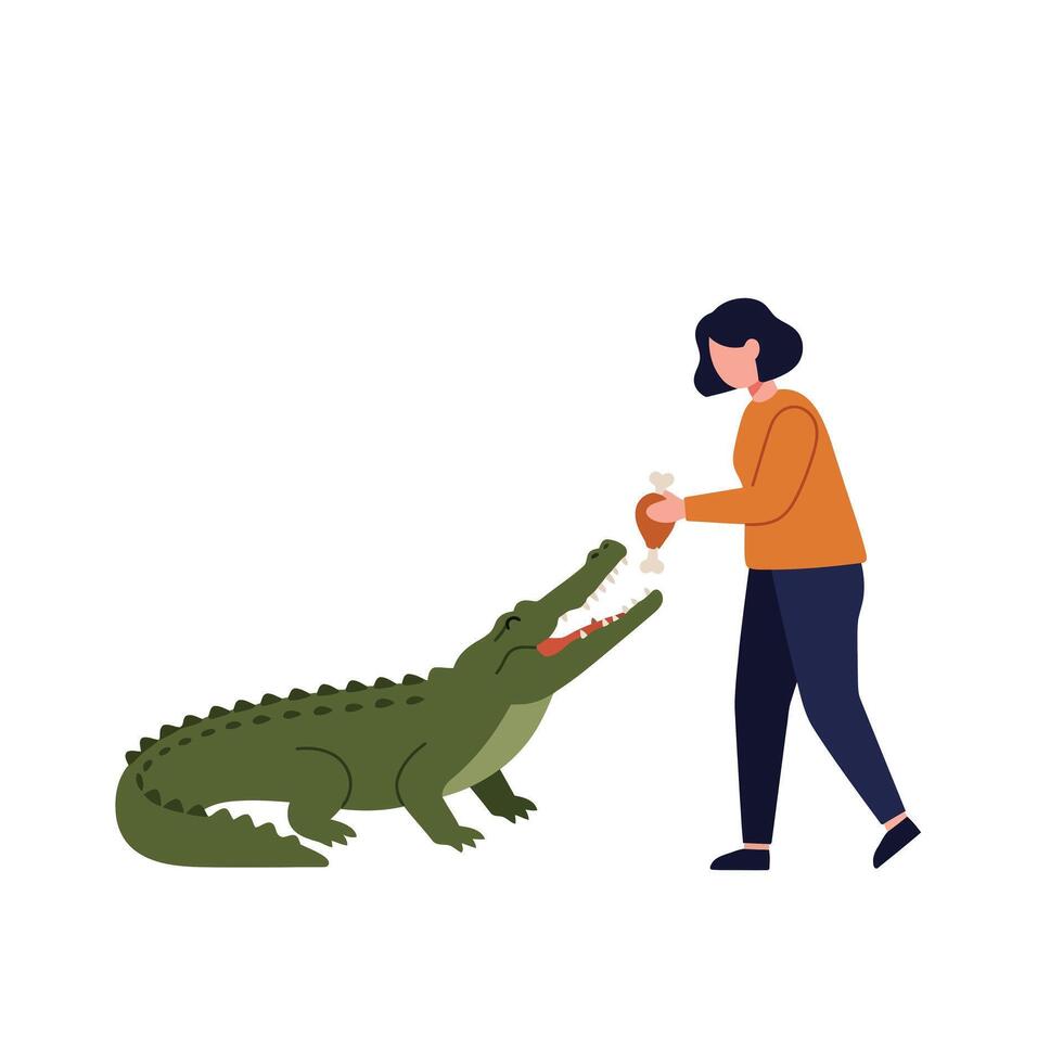 Person feeding crocodile in flat, minimal art style illustration vector