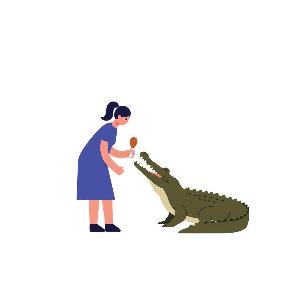 Girl feeding crocodile in playful interaction, flat design illustration vector