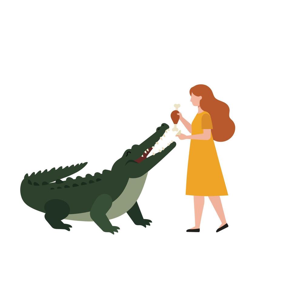 Woman feeding crocodile with ice cream in flat art illustration vector
