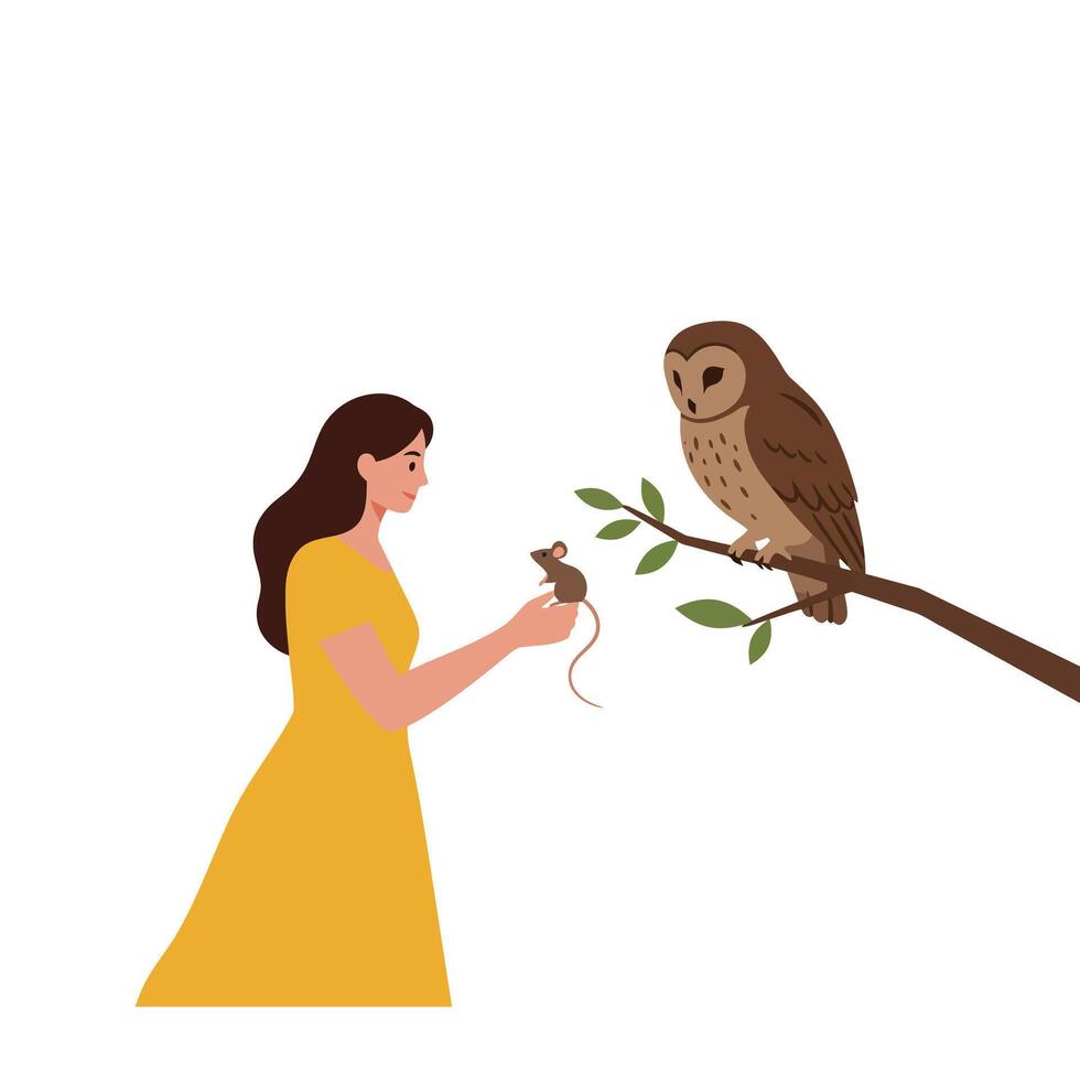 Woman holding a mouse interacting with an owl in flat art vector