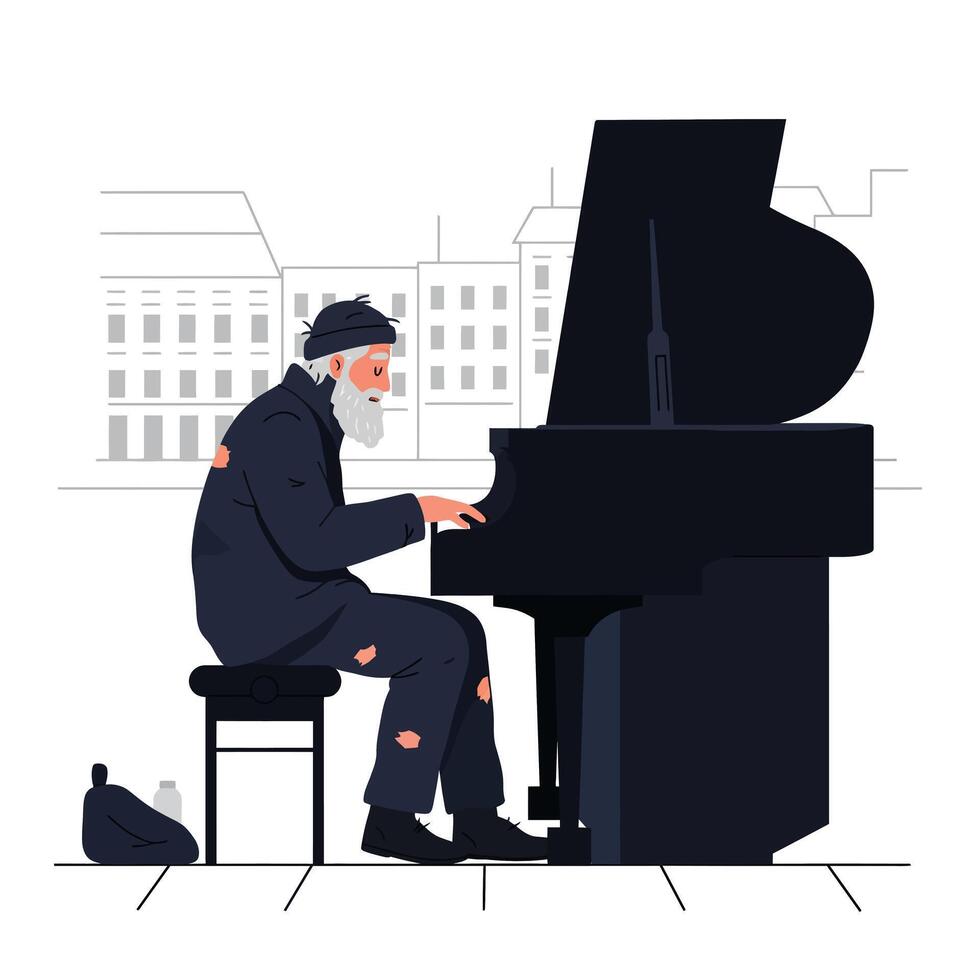 Homeless man playing piano in urban scene flat illustration vector