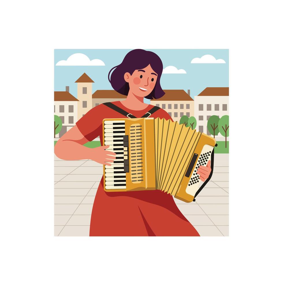 Woman playing accordion in city background with flat design art vector