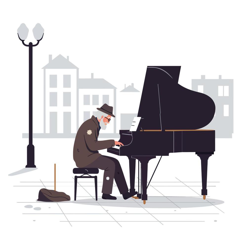 Elderly man playing grand piano in urban setting with flat design art vector
