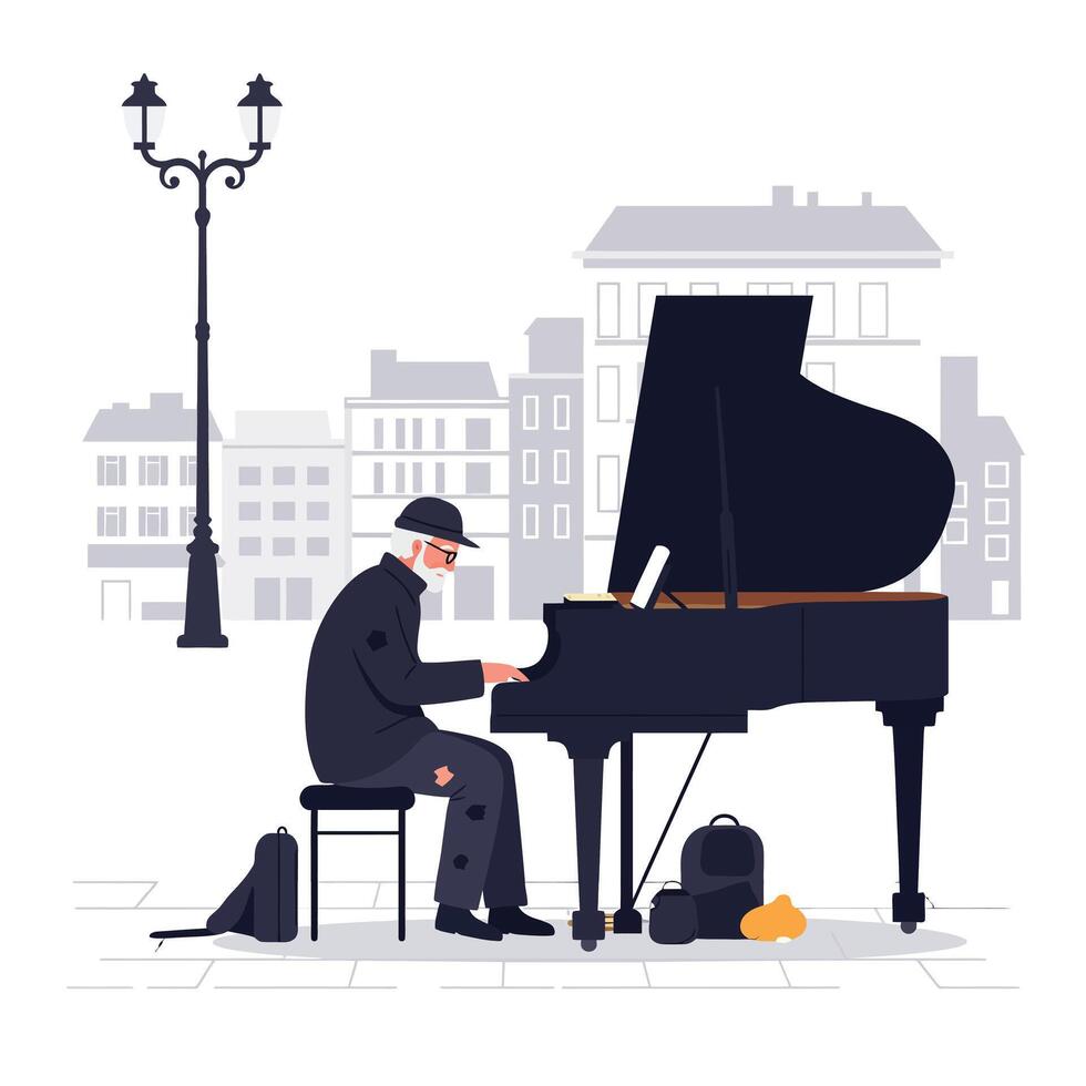 A man playing piano in urban setting with flat design style art vector
