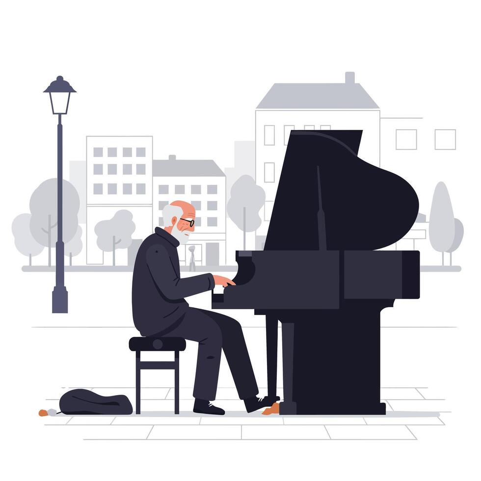 Elderly man playing grand piano in minimal flat art style vector