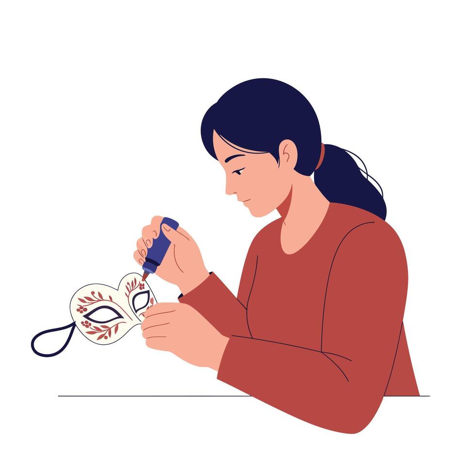 Woman crafting a decorative mask in flat design style art vector