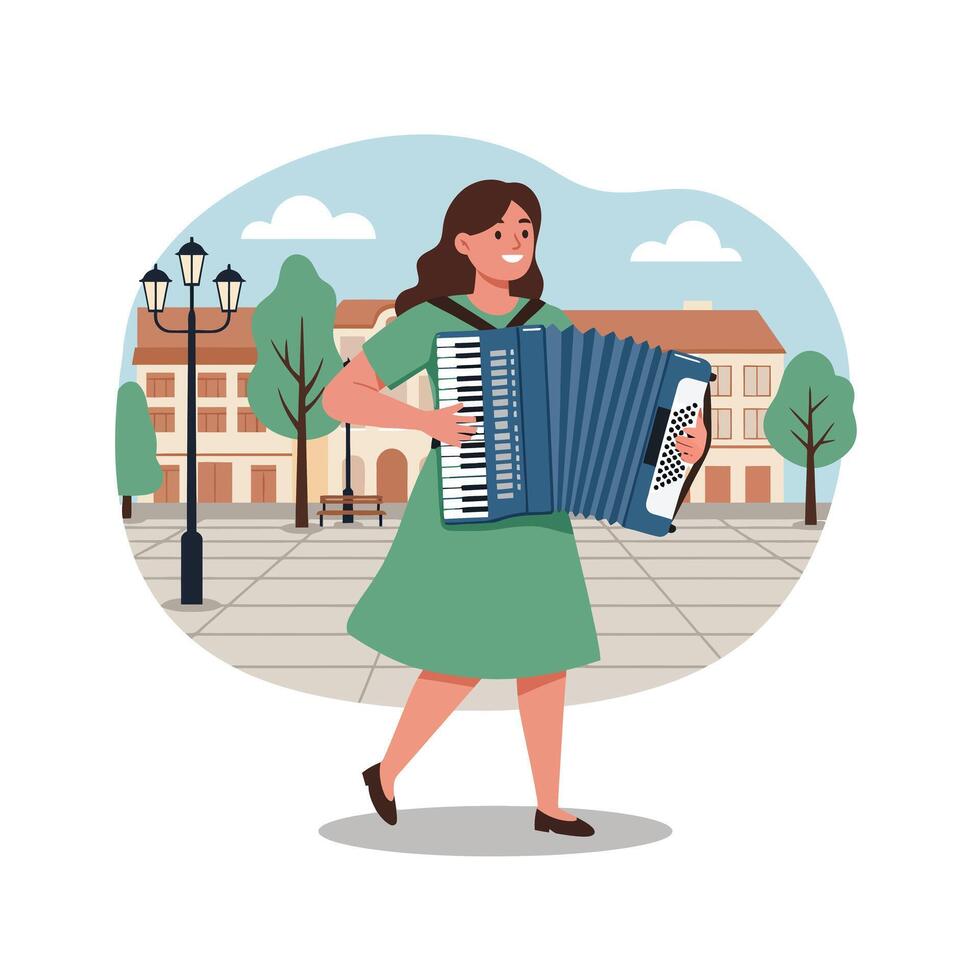 Accordion player in green dress walking through park in flat art vector