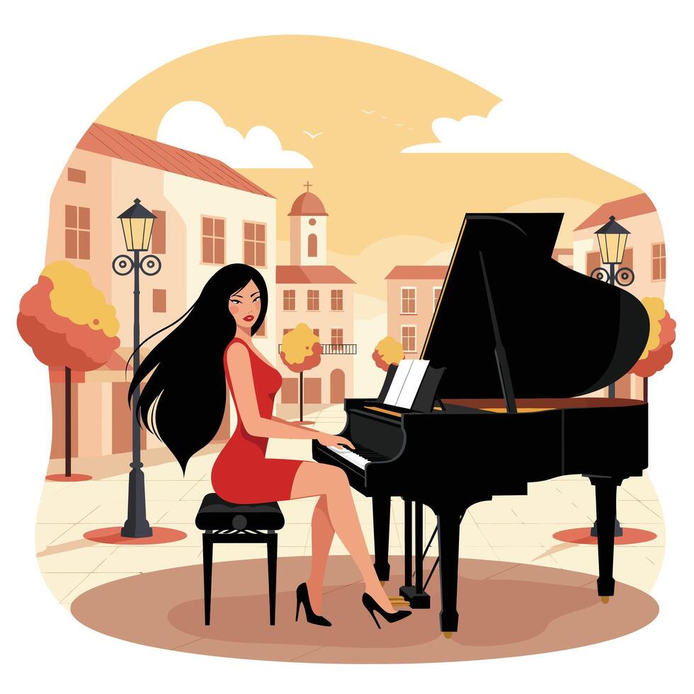 Woman playing grand piano in urban setting, flat design style, illustration vector