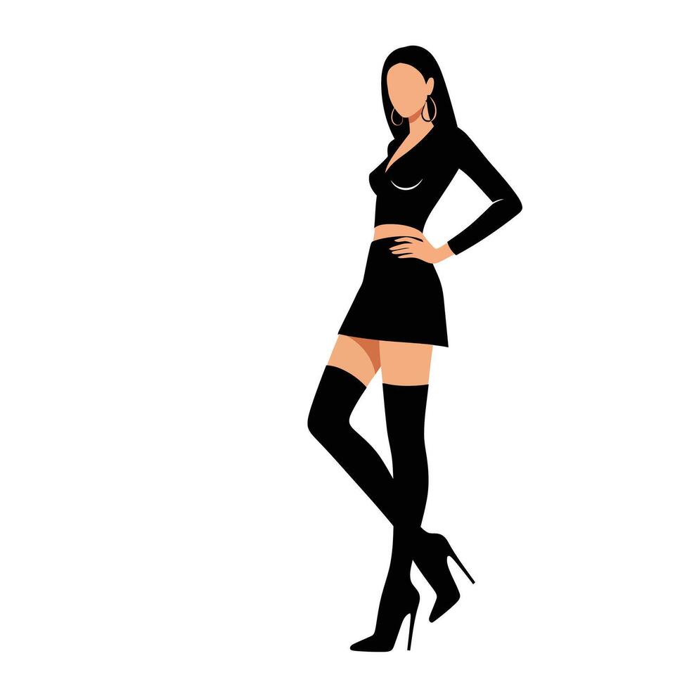 Stylish woman in black outfit featuring minimalistic design and elegant pose illustration vector