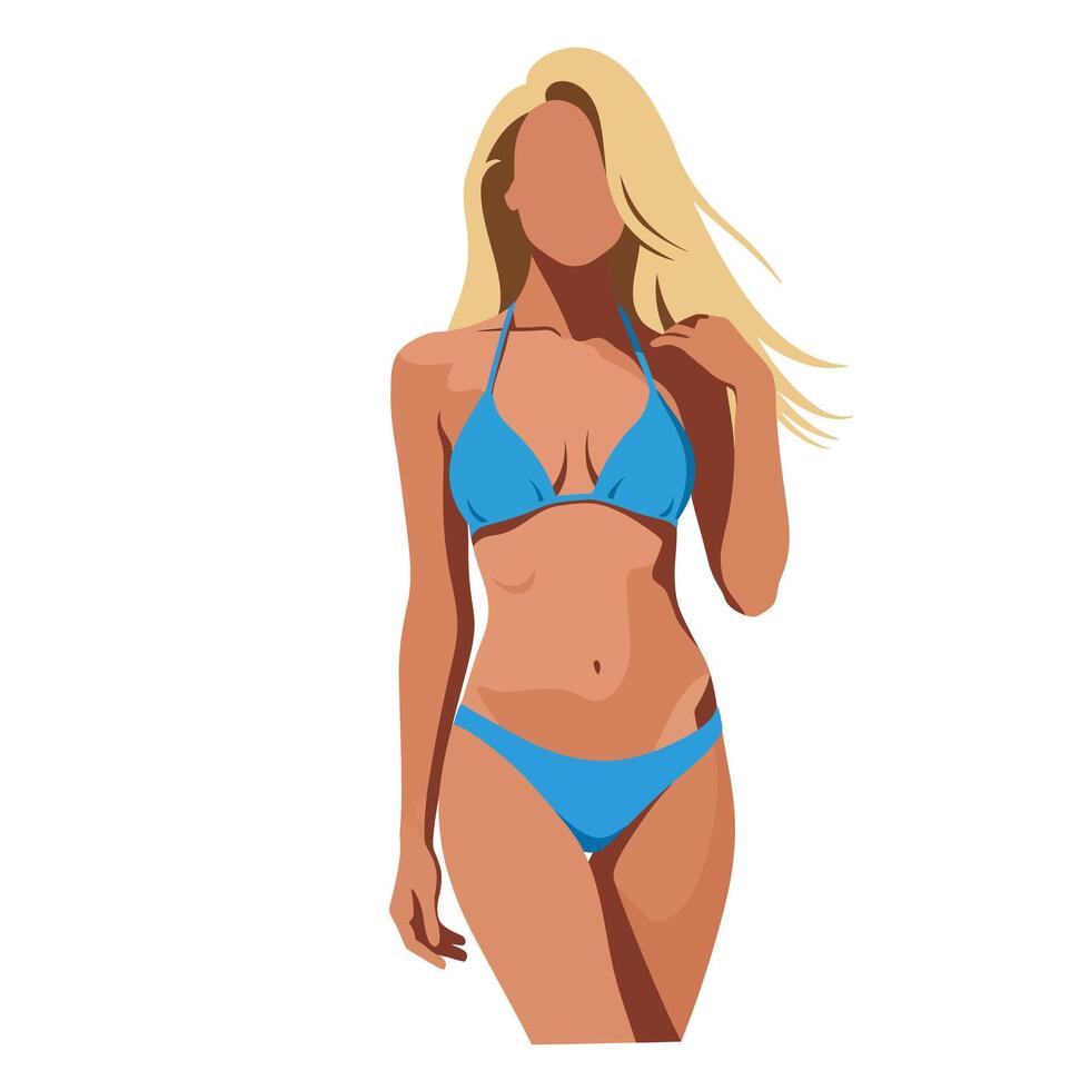 Woman in blue bikini walking confidently in minimal flat design art vector