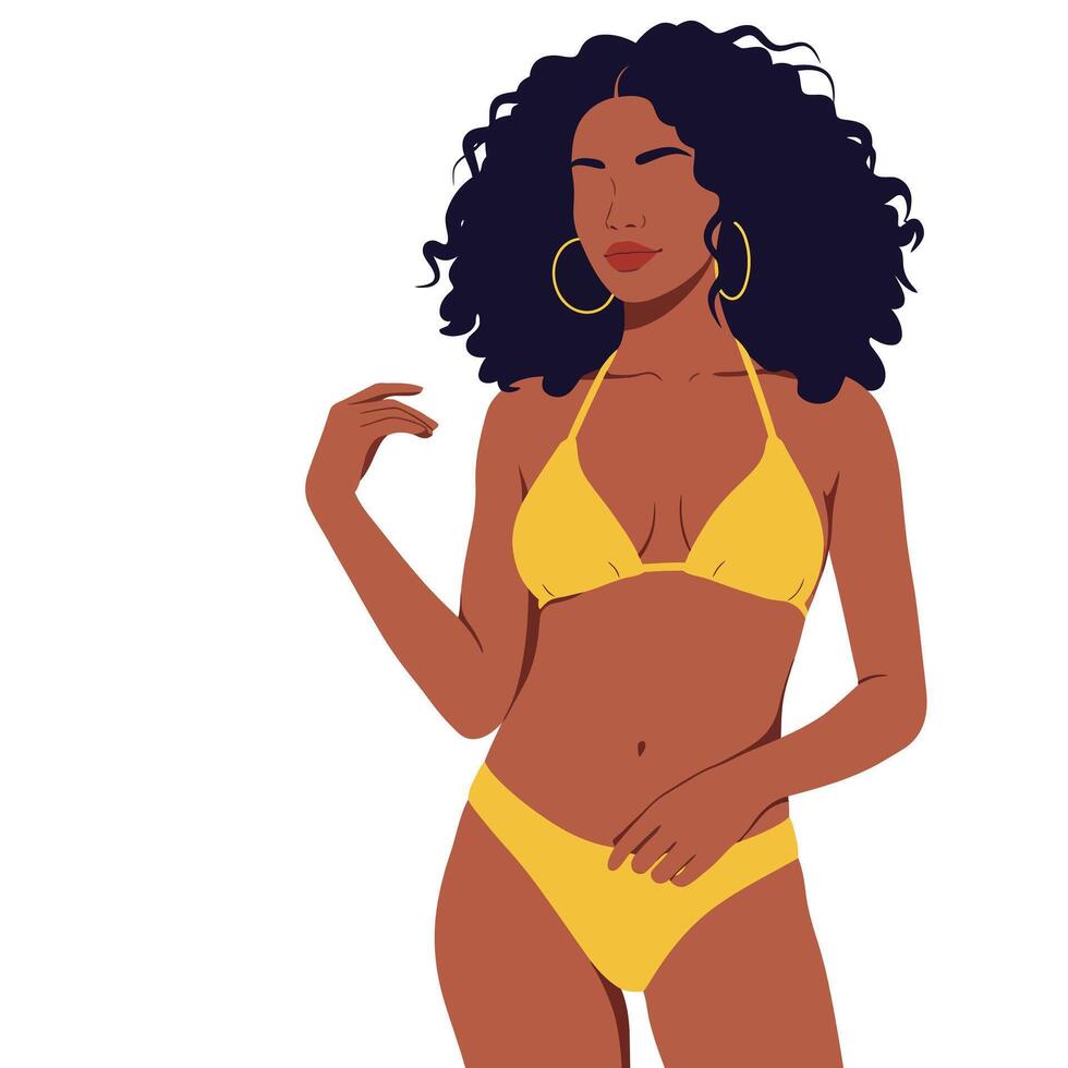 Woman in yellow bikini with curly hair in flat art style vector