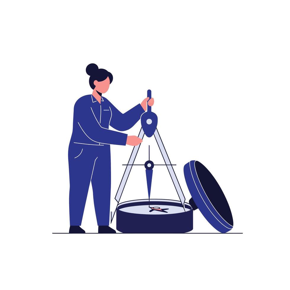 Professional woman using compass tool in flat art style vector